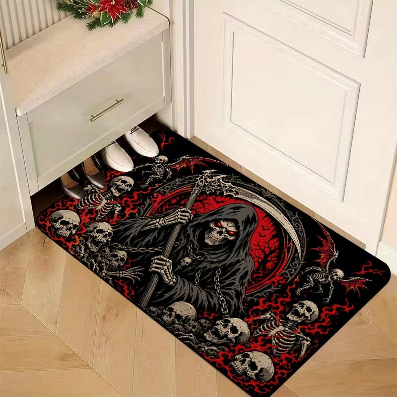 Gothic Skull Doormat, Floral Polyester Floor Mat with Anti-Slip, Fade-Resistant and Wrinkle-Resistant Finish, Four Sizes - product view 1