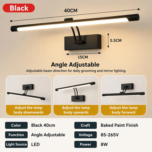 Modern LED Picture Light, Black Iron Wall Lamp, AC Powered, 90–260V, Warm or Cool White for Gallery and Vanity - product view 1