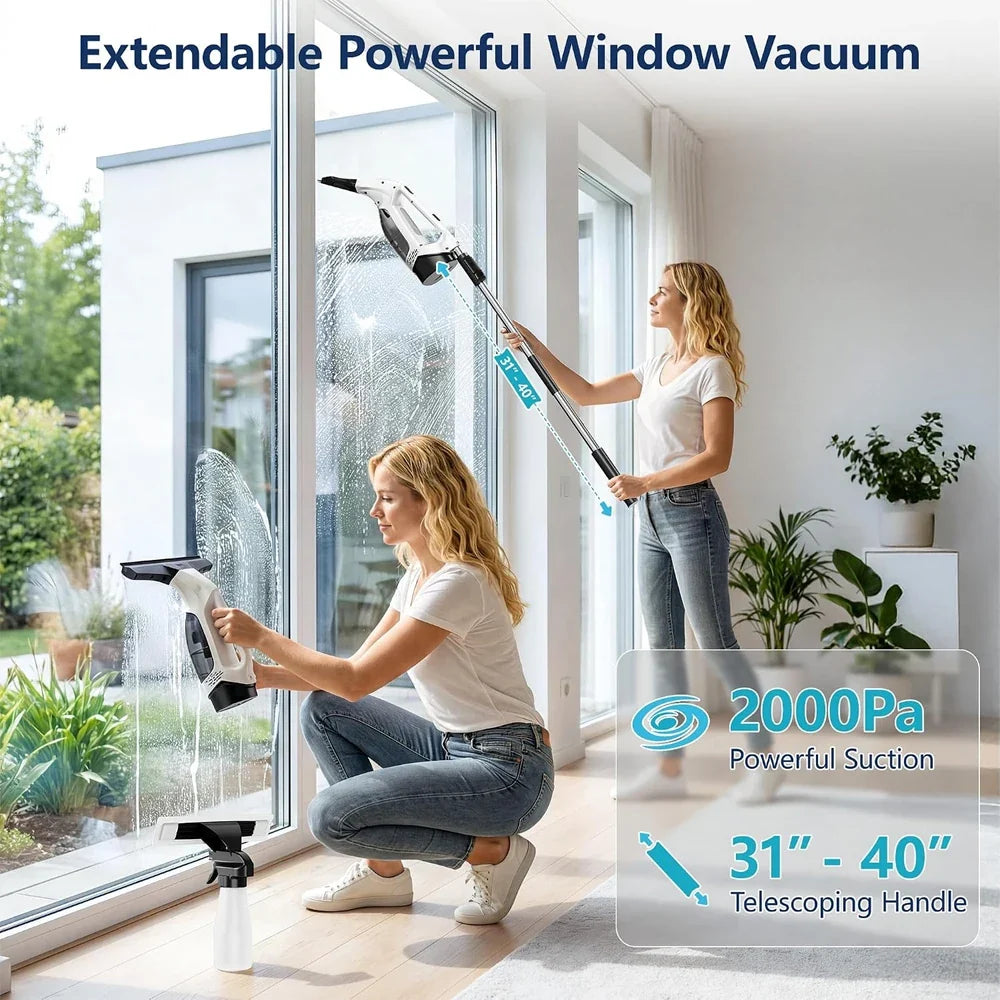 Cordless Window Vacuum Squeegee, 2000Pa Suction, 150ml Tank, 2200mAh Battery and 31–40in Adjustable Pole - product view 3