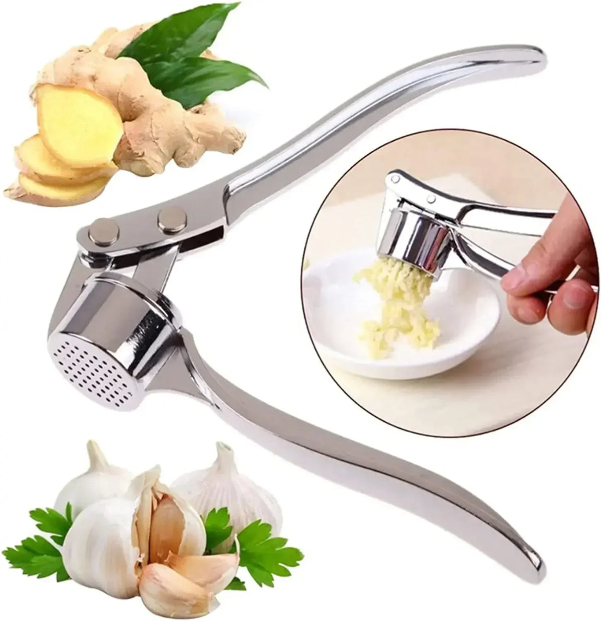 Stainless Steel Garlic Press with Peeler and Cleaning Brush, Garlic Mincer and Ginger Tool for Everyday Kitchen Prep - product view 1
