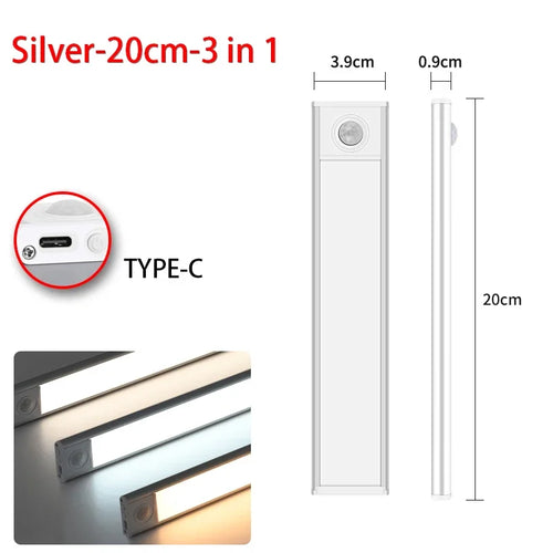 Rechargeable Under Cabinet Light, Motion Sensor LED Bar, 3 Color Modes, USB-C, 10–50cm Black or Silver - product view 1