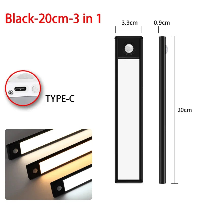 Rechargeable Under Cabinet Light, Motion Sensor LED Bar, 3 Color Modes, USB-C, 10–50cm Black or Silver - product view 2