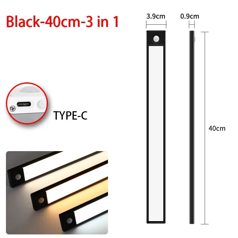 Rechargeable Under Cabinet Light, Motion Sensor LED Bar, 3 Color Modes, USB-C, 10–50cm Black or Silver - product view 4