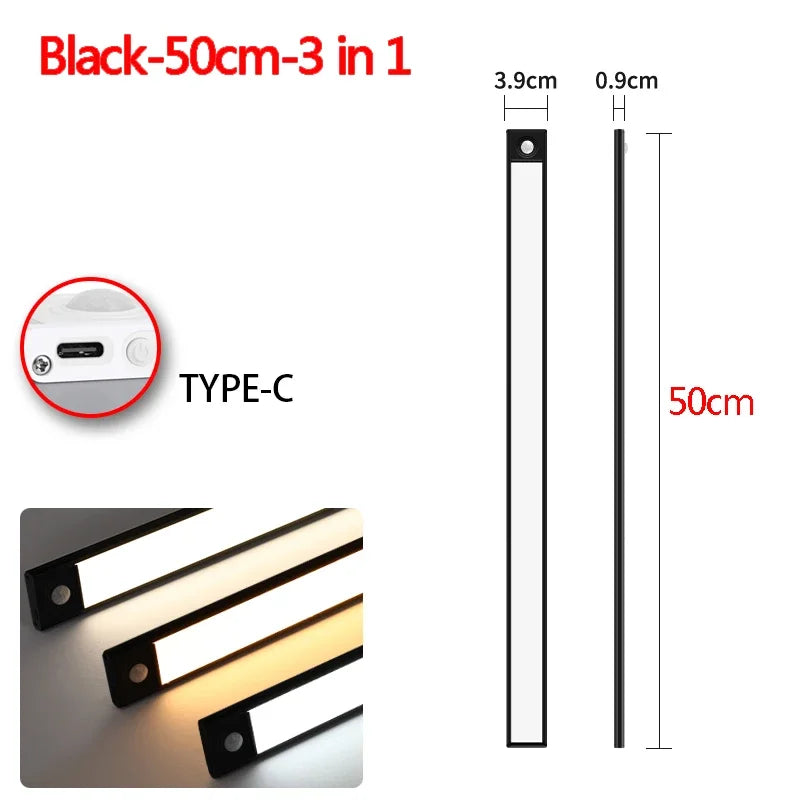 Rechargeable Under Cabinet Light, Motion Sensor LED Bar, 3 Color Modes, USB-C, 10–50cm Black or Silver - product view 5
