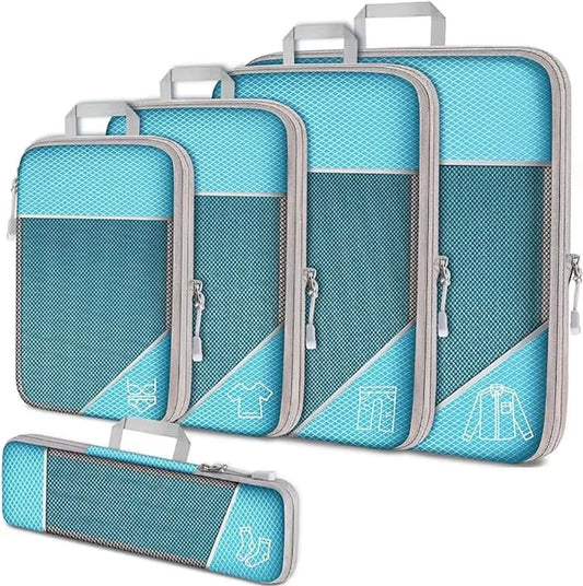 5-Piece Compression Packing Cubes Set with Shoe Bag, Mesh Visual Travel Organizers in Nylon, Multiple Colors - product view 1