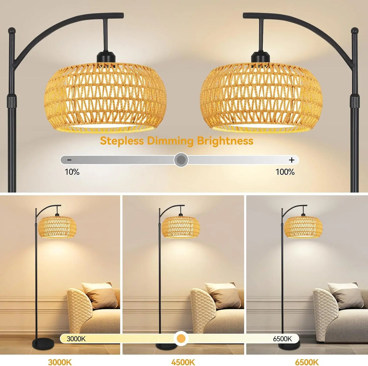 Arched Rattan Floor Lamp, Remote and Footswitch, Stepless Dimming, 3 Color Temperatures, Adjustable 65–72.8 in - product view 2
