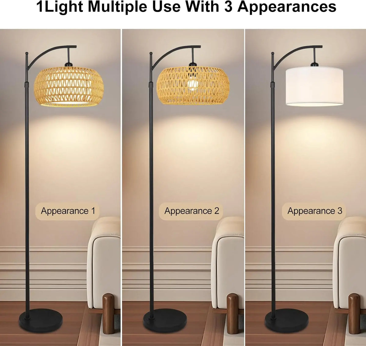 Arched Rattan Floor Lamp, Remote and Footswitch, Stepless Dimming, 3 Color Temperatures, Adjustable 65–72.8 in - product view 3