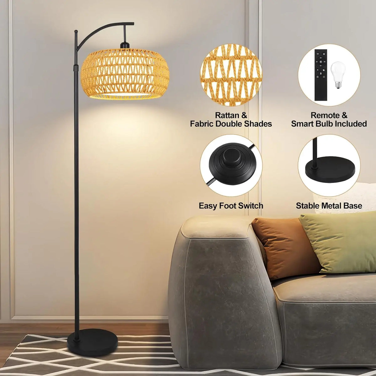 Arched Rattan Floor Lamp, Remote and Footswitch, Stepless Dimming, 3 Color Temperatures, Adjustable 65–72.8 in - product view 4