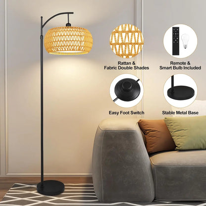 Arched Rattan Floor Lamp, Remote and Footswitch, Stepless Dimming, 3 Color Temperatures, Adjustable 65–72.8 in - product view 4