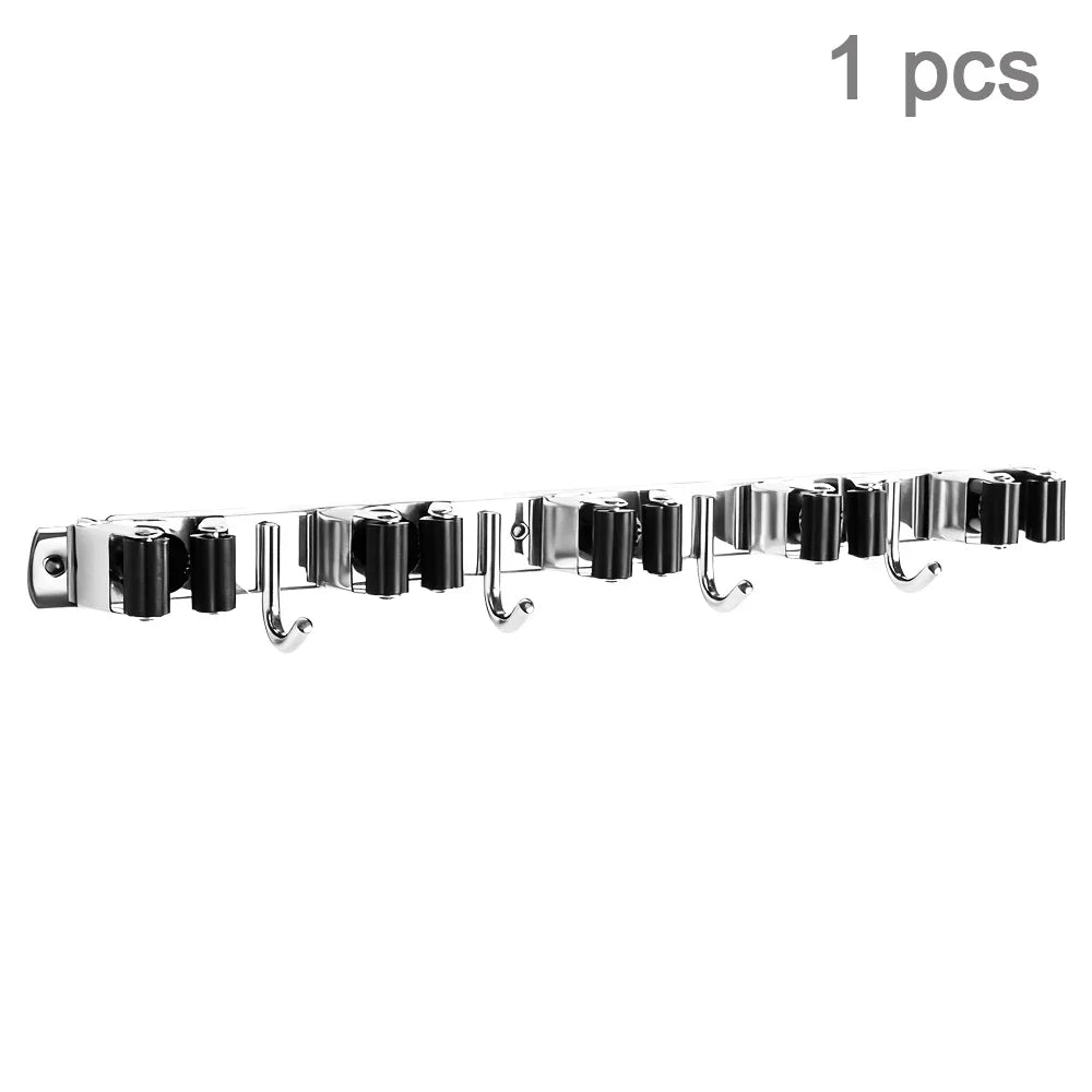 4-Hook Adhesive Broom Wall Holder, Reusable Plastic Mop Organizer, Non-Slip Bathroom Storage Rack in Black - product view 1