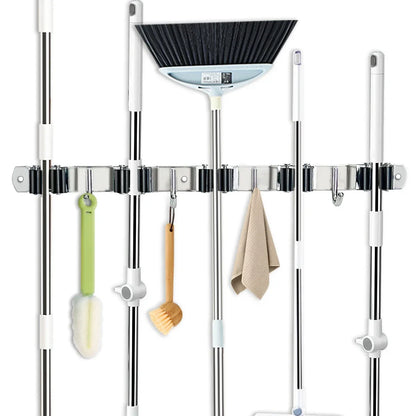 4-Hook Adhesive Broom Wall Holder, Reusable Plastic Mop Organizer, Non-Slip Bathroom Storage Rack in Black - product view 2