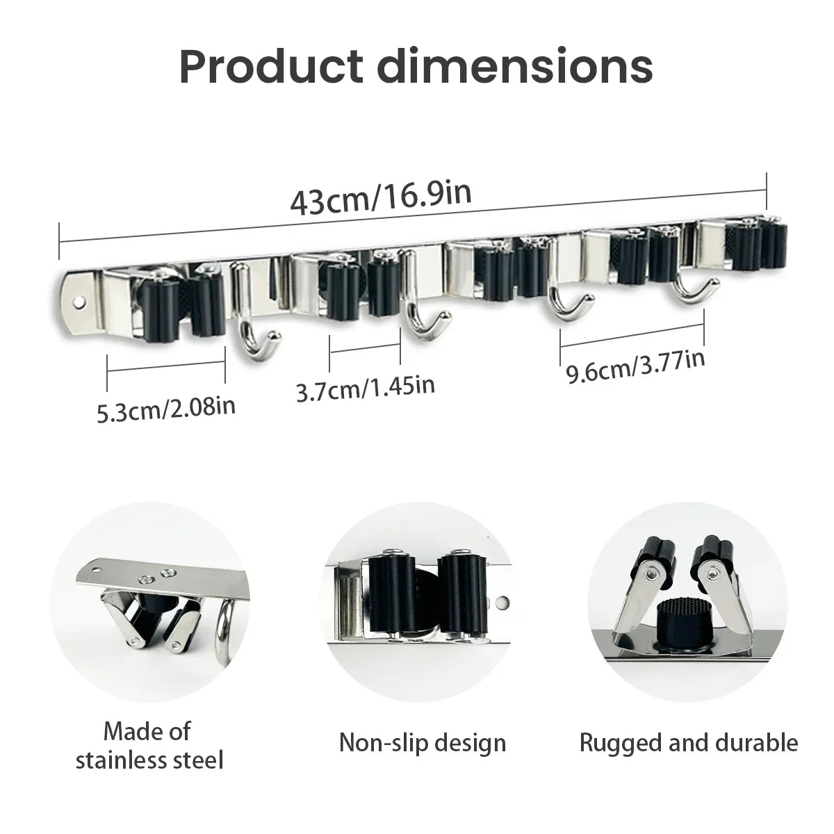 4-Hook Adhesive Broom Wall Holder, Reusable Plastic Mop Organizer, Non-Slip Bathroom Storage Rack in Black - product view 3