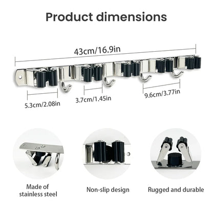 4-Hook Adhesive Broom Wall Holder, Reusable Plastic Mop Organizer, Non-Slip Bathroom Storage Rack in Black - product view 3
