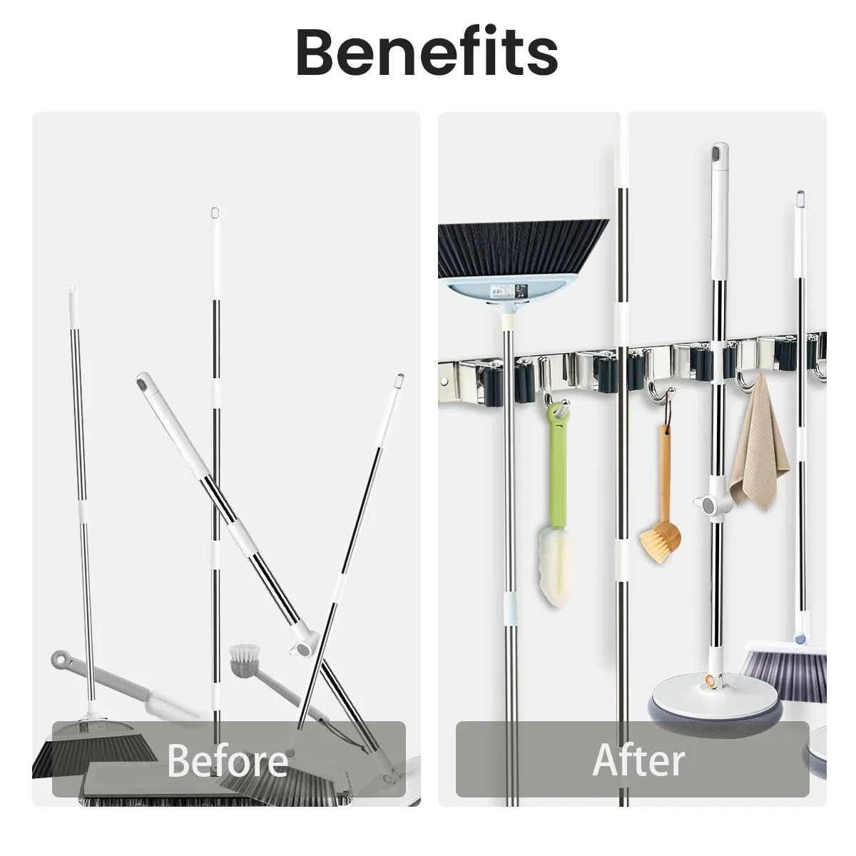 4-Hook Adhesive Broom Wall Holder, Reusable Plastic Mop Organizer, Non-Slip Bathroom Storage Rack in Black - product view 5