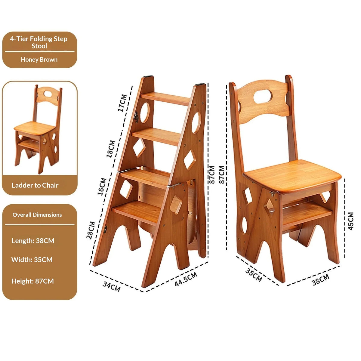 Solid Wood Step Ladder, Modern Foldable 2-in-1 Chair and Ladder Design with Self-Contained Installation, Three Styles - product view 3