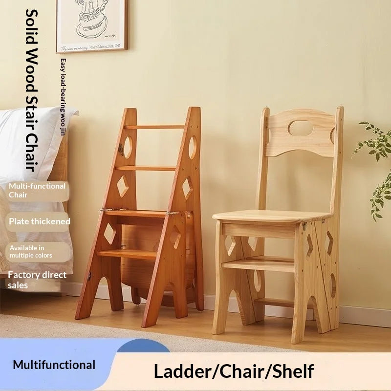 Solid Wood Step Ladder, Modern Foldable 2-in-1 Chair and Ladder Design with Self-Contained Installation, Three Styles - product view 4