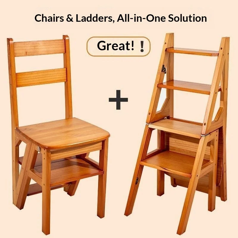 Solid Wood Step Ladder, Modern Foldable 2-in-1 Chair and Ladder Design with Self-Contained Installation, Three Styles - product view 6
