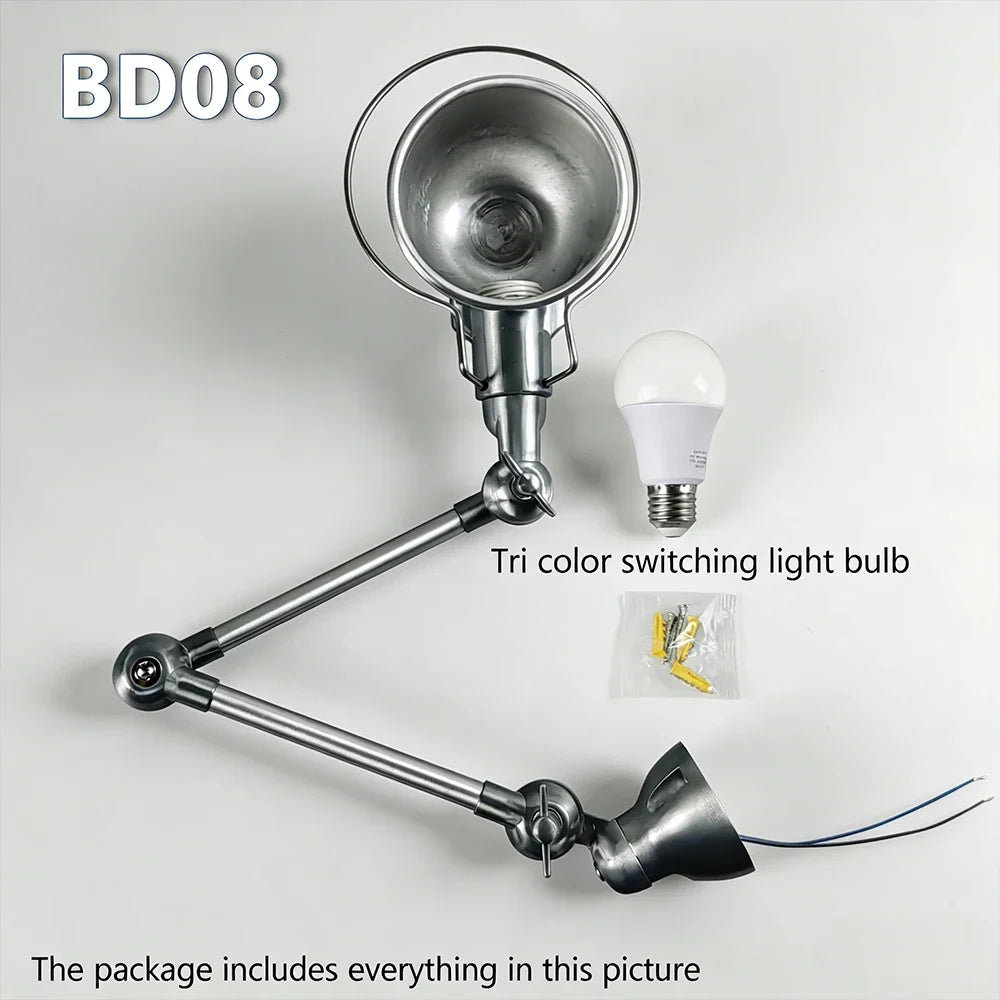 Adjustable Swing Arm Wall Sconce, E27 Tri-Color LED Bulb, Knob Switch, Aluminum Retro Light for Bedroom and Study - product view 1