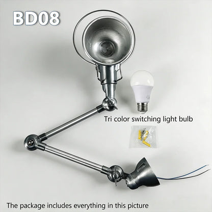 Adjustable Swing Arm Wall Sconce, E27 Tri-Color LED Bulb, Knob Switch, Aluminum Retro Light for Bedroom and Study - product view 1