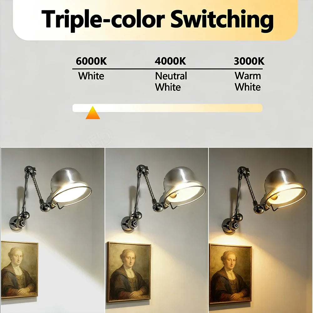 Adjustable Swing Arm Wall Sconce, E27 Tri-Color LED Bulb, Knob Switch, Aluminum Retro Light for Bedroom and Study - product view 6