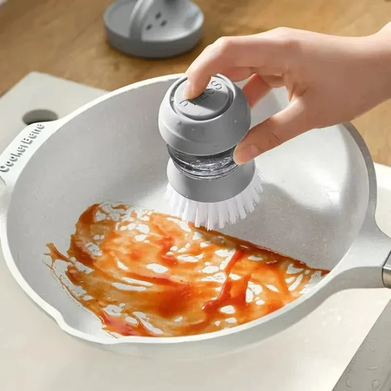 Soap Dispensing Dish Brush with Holder and Drip Tray, Round Plastic Kitchen Scrubber in Green or Gray - product view 4