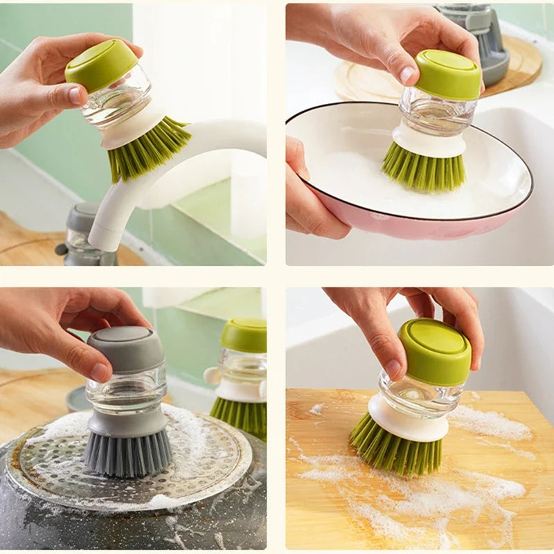 Soap Dispensing Dish Brush with Holder and Drip Tray, Round Plastic Kitchen Scrubber in Green or Gray - product view 5