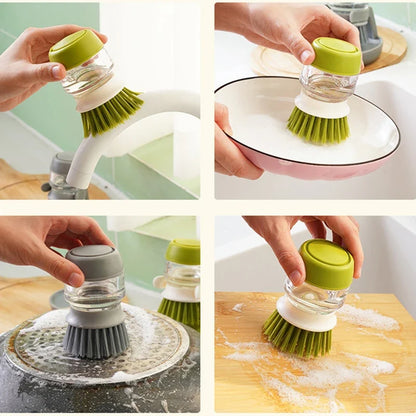 Soap Dispensing Dish Brush with Holder and Drip Tray, Round Plastic Kitchen Scrubber in Green or Gray - product view 5