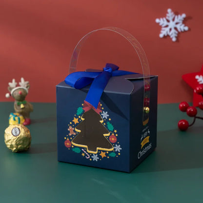 Christmas Gift Boxes with Handle and Ribbon, 9x9x9cm Paper Treat Packaging, 1-Piece or 12-Piece Tree Design Options - product view 1