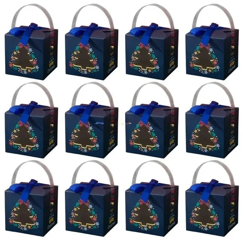 Christmas Gift Boxes with Handle and Ribbon, 9x9x9cm Paper Treat Packaging, 1-Piece or 12-Piece Tree Design Options - product view 2
