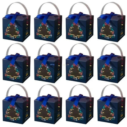 Christmas Gift Boxes with Handle and Ribbon, 9x9x9cm Paper Treat Packaging, 1-Piece or 12-Piece Tree Design Options - product view 2