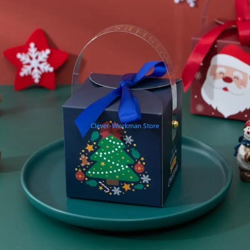Christmas Gift Boxes with Handle and Ribbon, 9x9x9cm Paper Treat Packaging, 1-Piece or 12-Piece Tree Design Options - product view 4