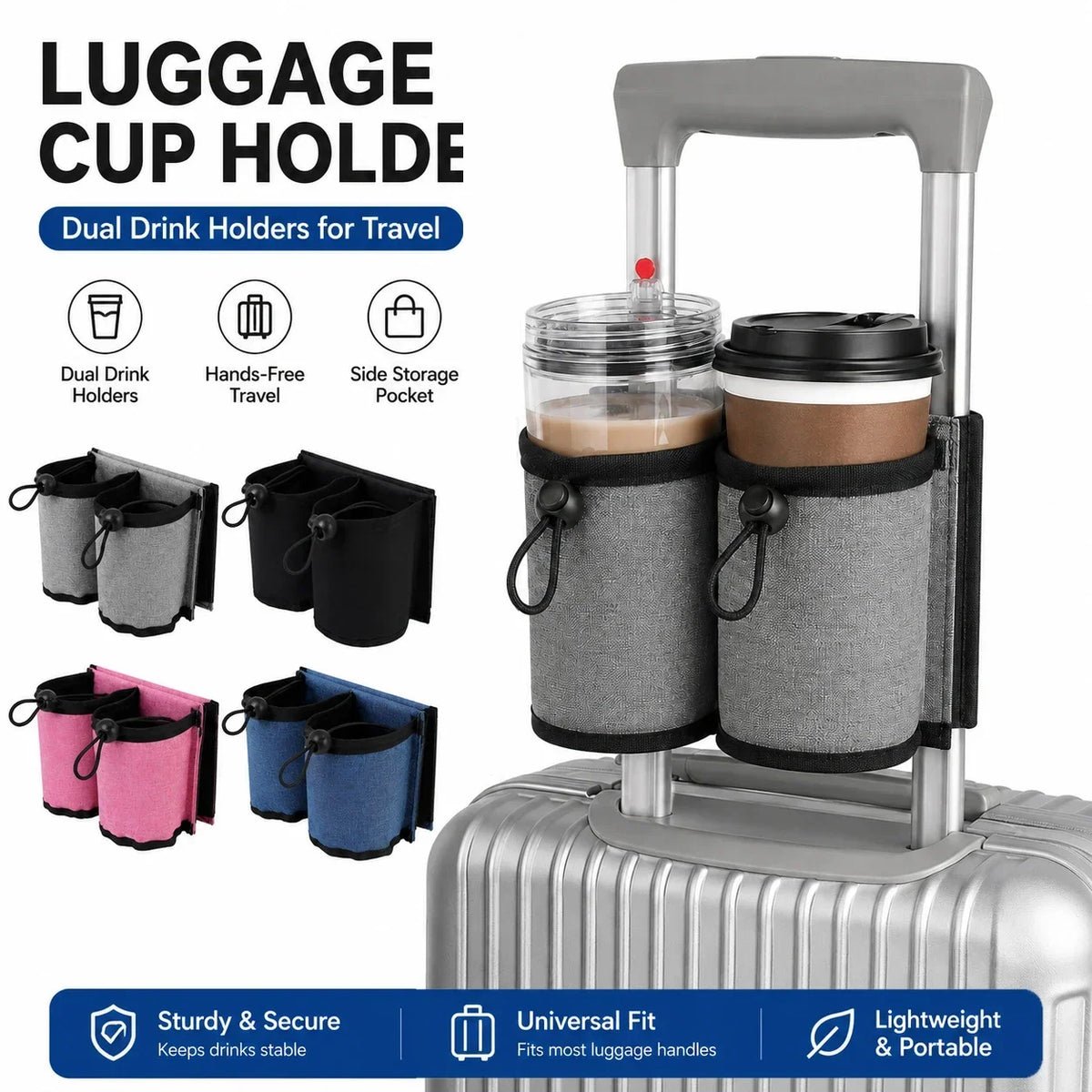 Luggage Cup Holder, Foldable Fabric Travel Drink Carrier with Dual Cup Sleeves and Storage Pocket for Suitcase Handles - product view 5