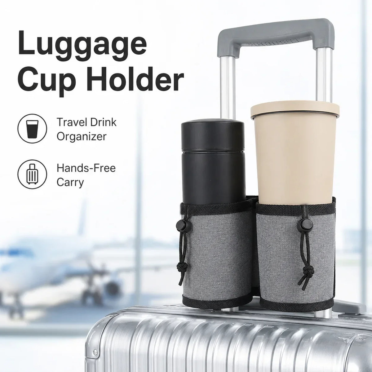 Luggage Cup Holder, Foldable Fabric Travel Drink Carrier with Dual Cup Sleeves and Storage Pocket for Suitcase Handles - product view 6