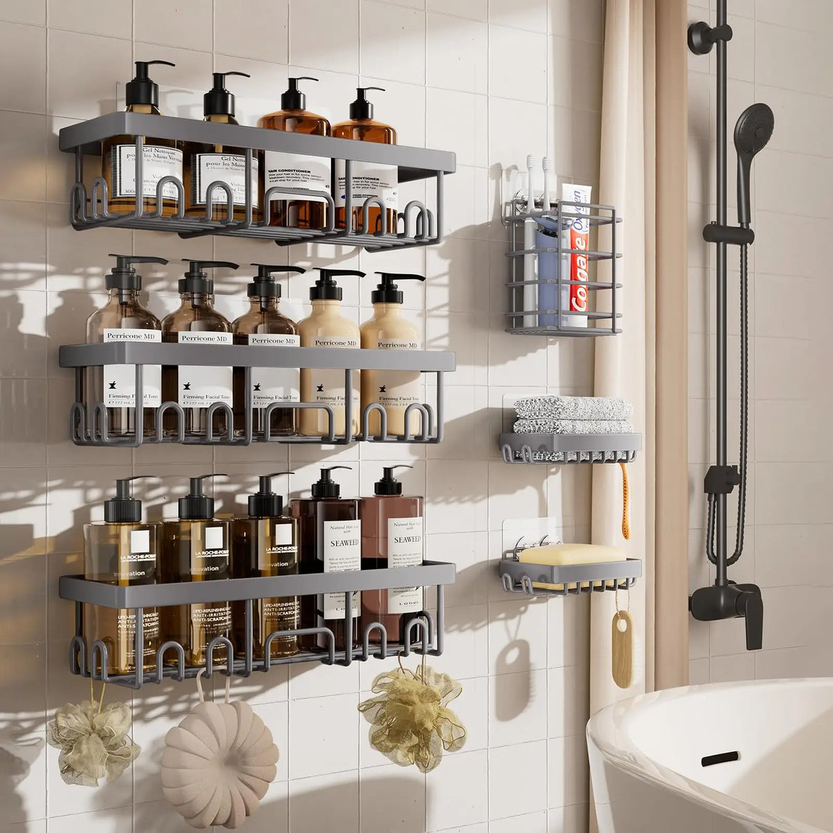 6-Piece Adhesive Shower Caddy Set, No-Drill Stainless Steel Organizers with Soap Dish and Toothbrush Holder - product view 2
