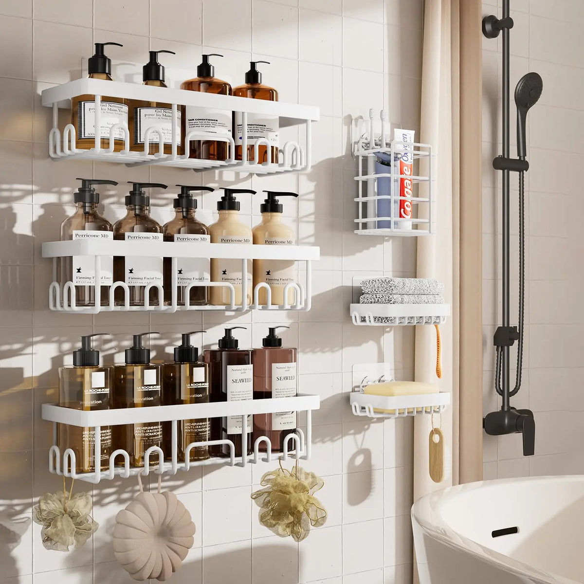 6-Piece Adhesive Shower Caddy Set, No-Drill Stainless Steel Organizers with Soap Dish and Toothbrush Holder - product view 3