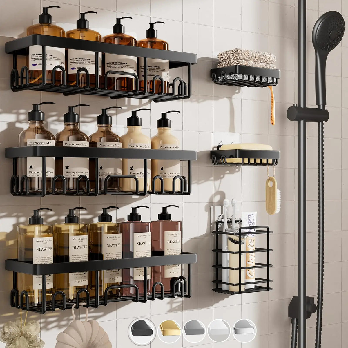 6-Piece Adhesive Shower Caddy Set, No-Drill Stainless Steel Organizers with Soap Dish and Toothbrush Holder - product view 4