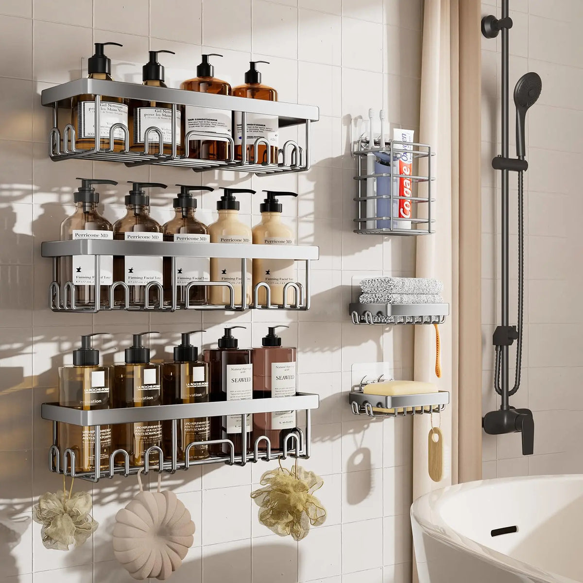 6-Piece Adhesive Shower Caddy Set, No-Drill Stainless Steel Organizers with Soap Dish and Toothbrush Holder - product view 5