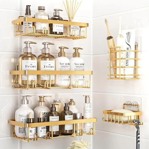 Adhesive Shower Caddy Set, 5-Piece Rust-Resistant Stainless Steel Bathroom Storage, No-Drill Shelves with Drainage - product view 1