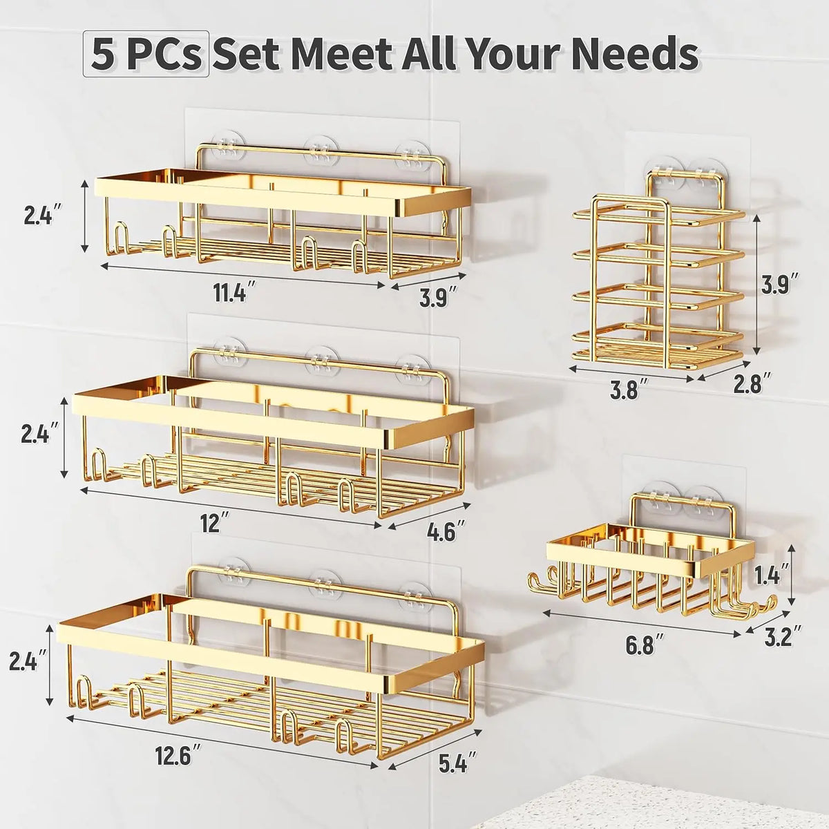 Adhesive Shower Caddy Set, 5-Piece Rust-Resistant Stainless Steel Bathroom Storage, No-Drill Shelves with Drainage - product view 2