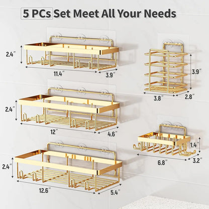 Adhesive Shower Caddy Set, 5-Piece Rust-Resistant Stainless Steel Bathroom Storage, No-Drill Shelves with Drainage - product view 2