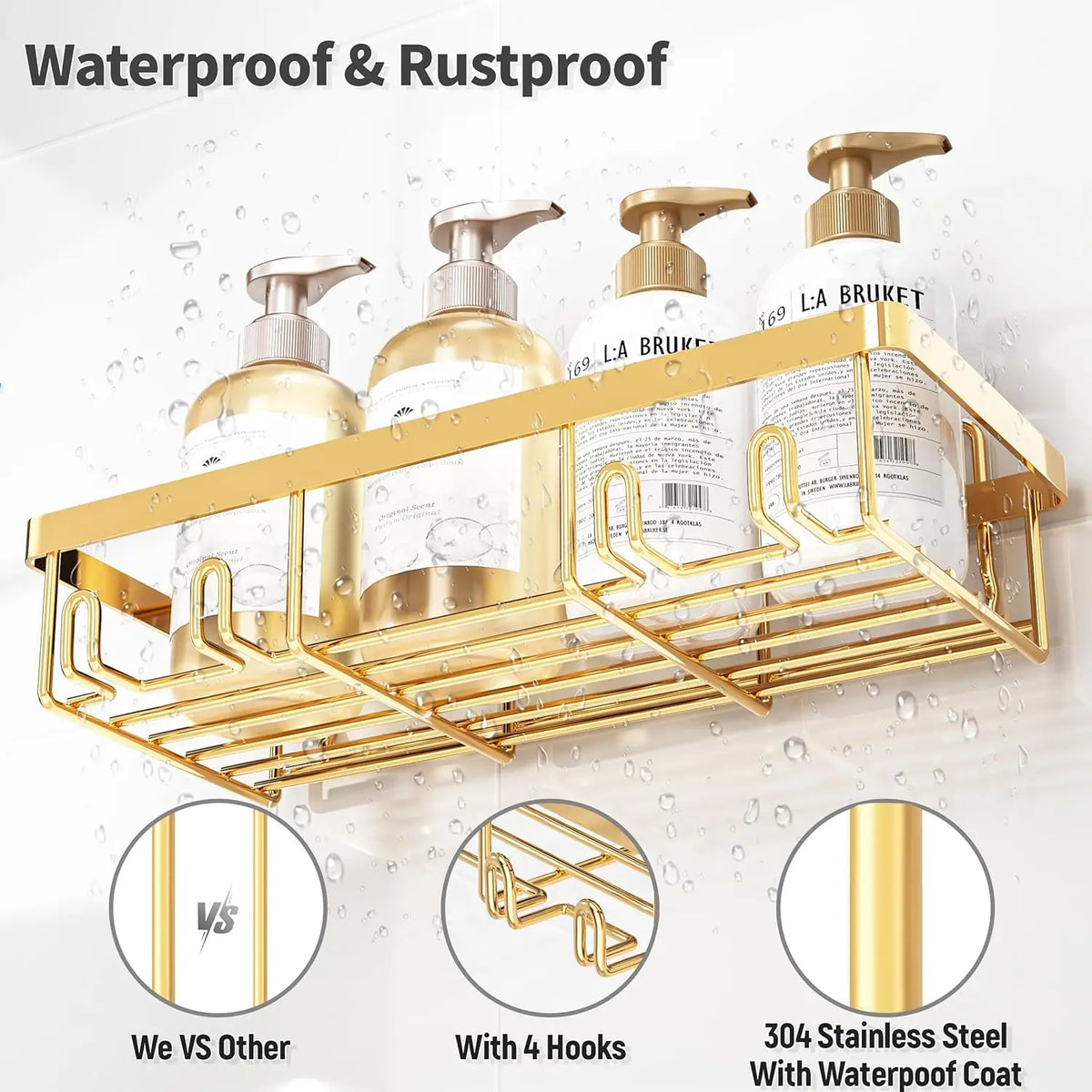 Adhesive Shower Caddy Set, 5-Piece Rust-Resistant Stainless Steel Bathroom Storage, No-Drill Shelves with Drainage - product view 4