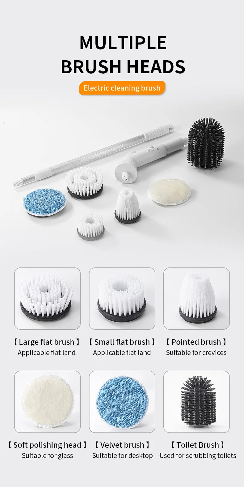 Electric Spin Scrubber with Long Handle, Replaceable Brush Heads for Bathroom Floors, Gaps and Toilets, Under 20 V - product view 6