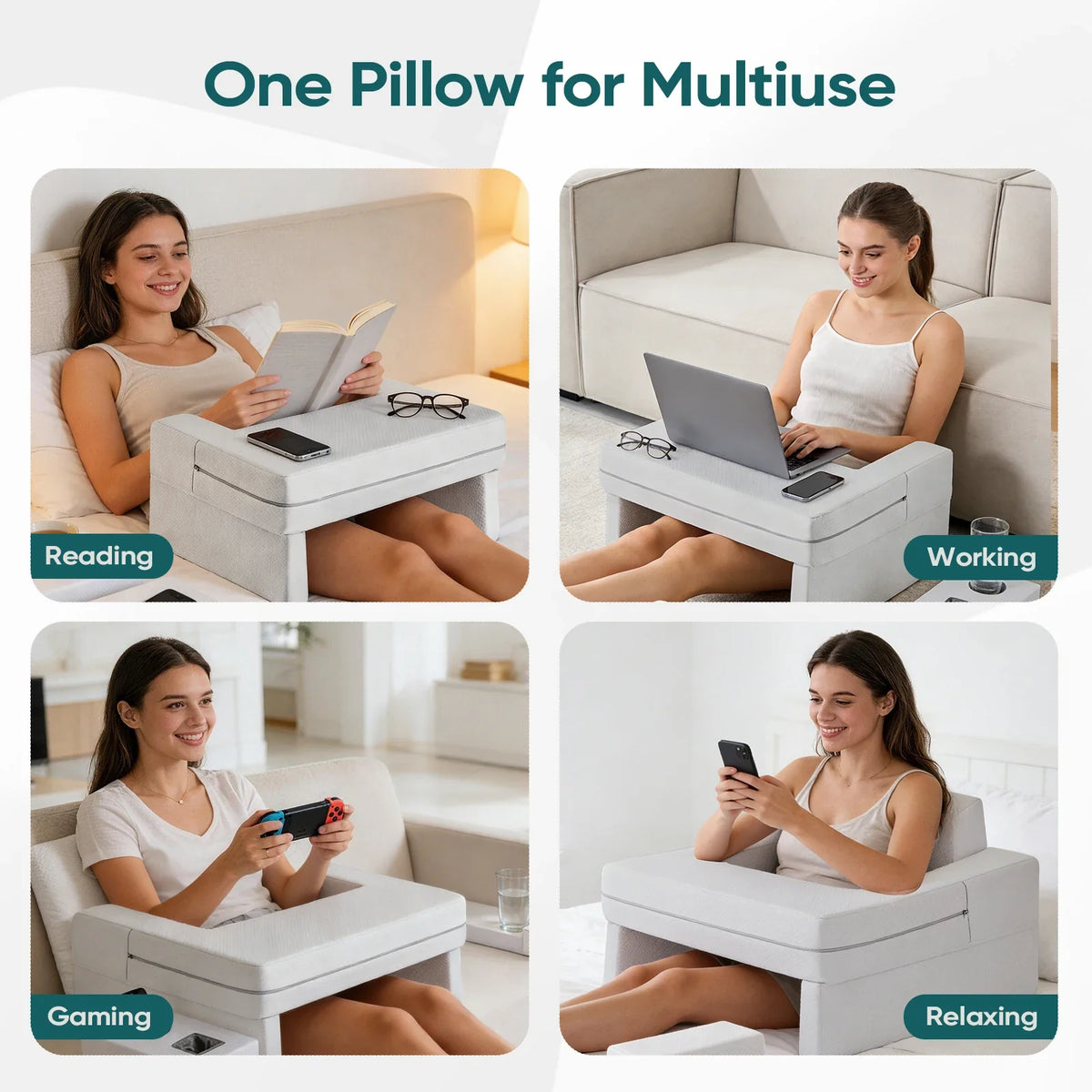 Square Memory Foam Reading Pillow, Ergonomic Neck and Back Support, Cooling Removable Washable Cover, 2 Heights - product view 4