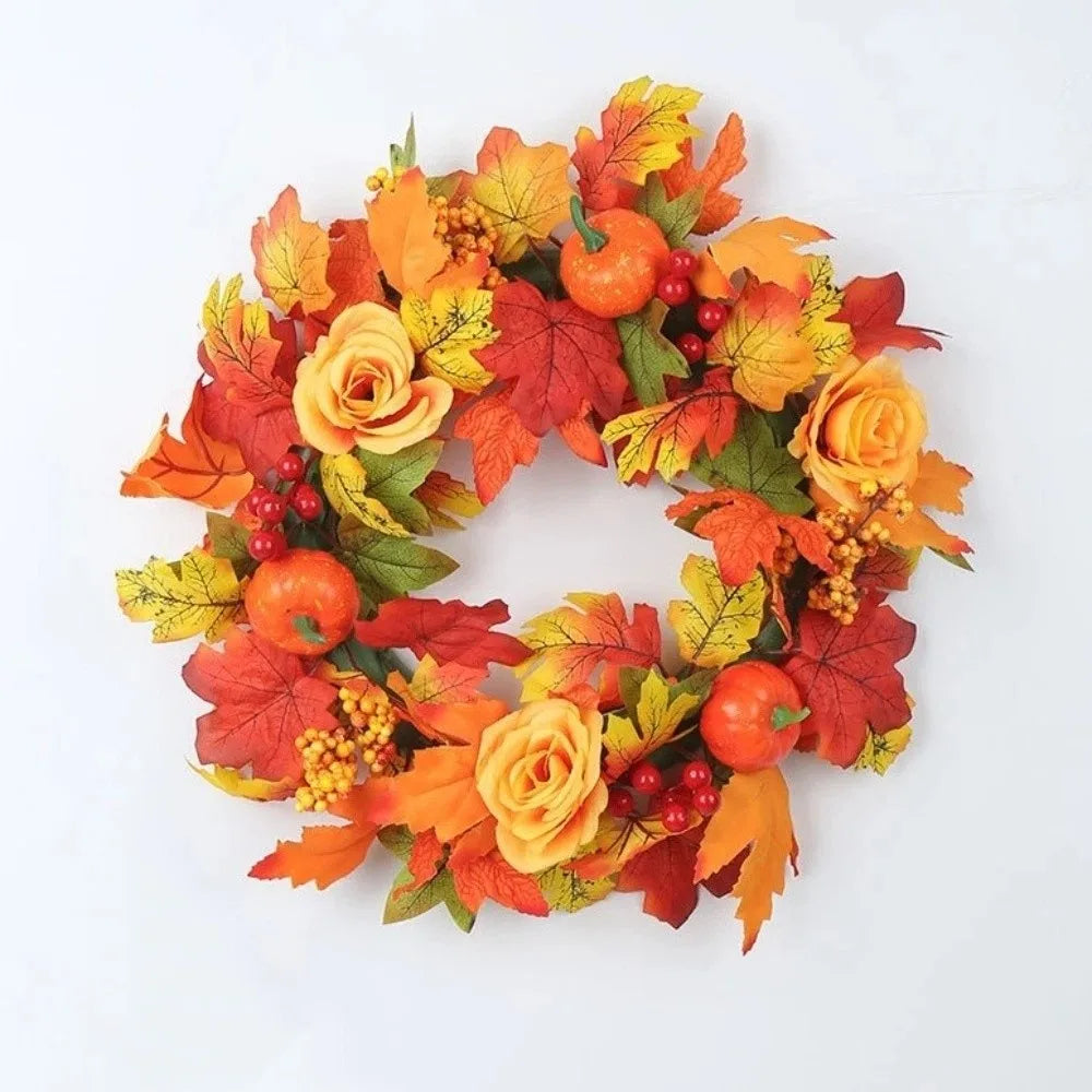 Halloween Maple Leaf Wreath with Pumpkin Accents, Rustic Plastic Fall Door Decoration for Seasonal Home Décor - product view 5