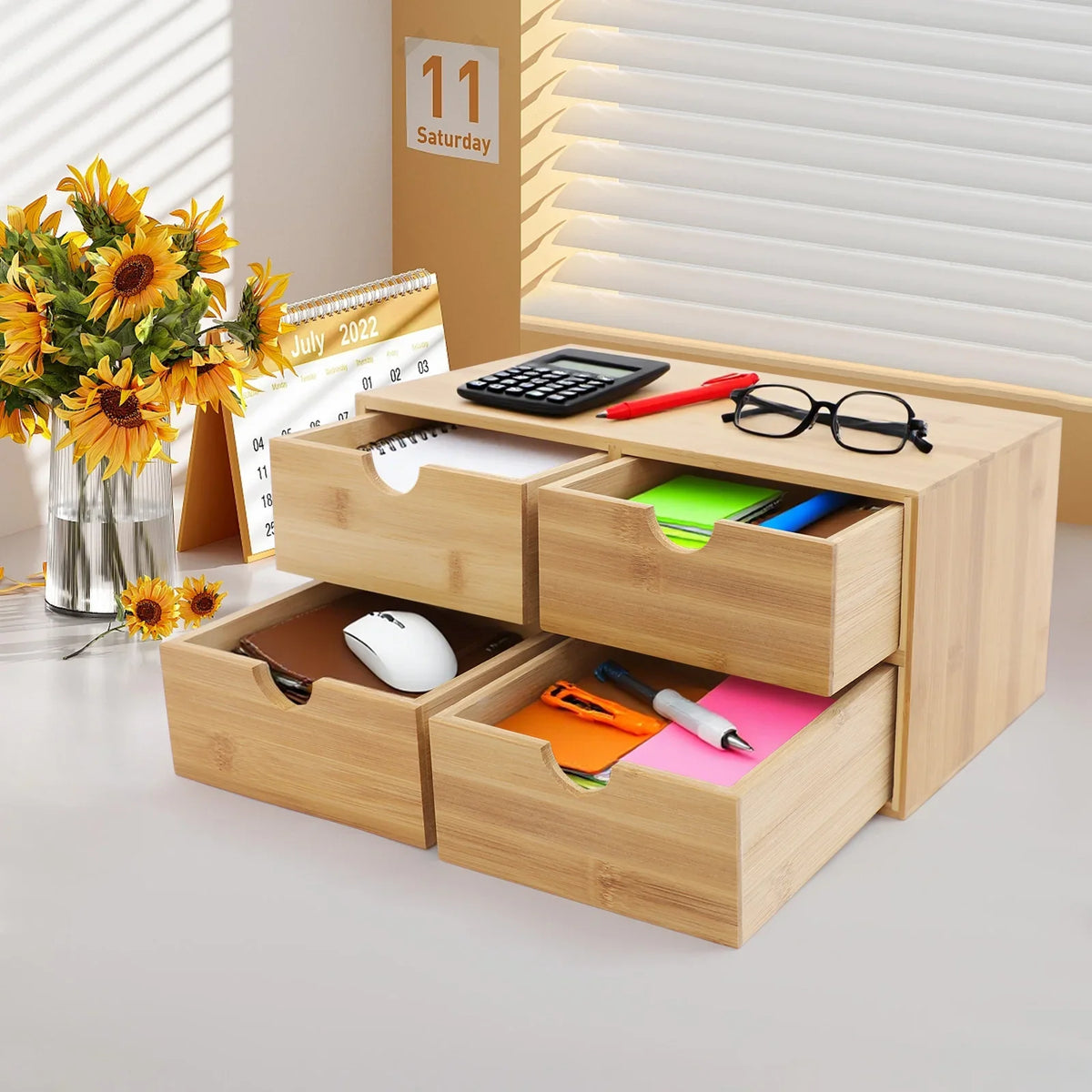 Bamboo Desk Organizer, 4 Drawer Desktop Storage Box with Detachable Drawers and Ready-to-Use Vertical Design - product view 4