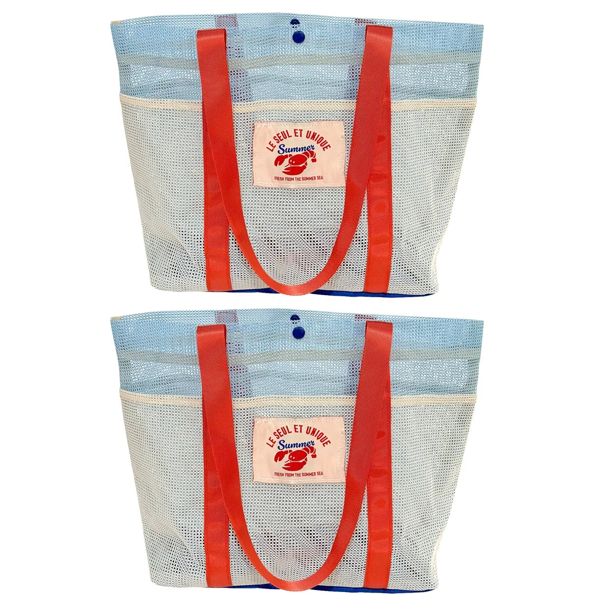 Mesh Travel Tote Bag, Lightweight Quick-Dry Beach and Pool Carryall, Open-Top Summer Casual Bag in Blue and White - product view 2