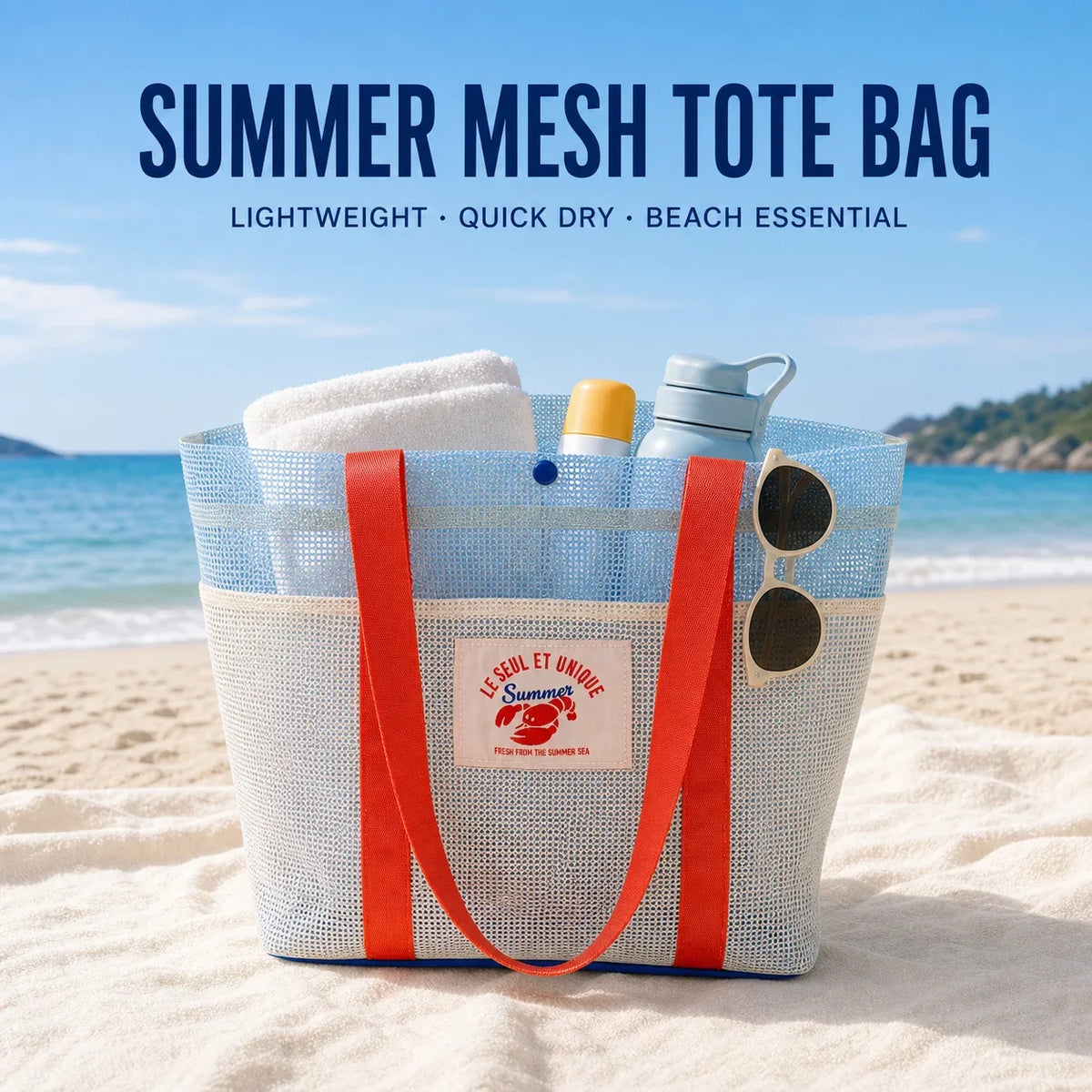Mesh Travel Tote Bag, Lightweight Quick-Dry Beach and Pool Carryall, Open-Top Summer Casual Bag in Blue and White - product view 3
