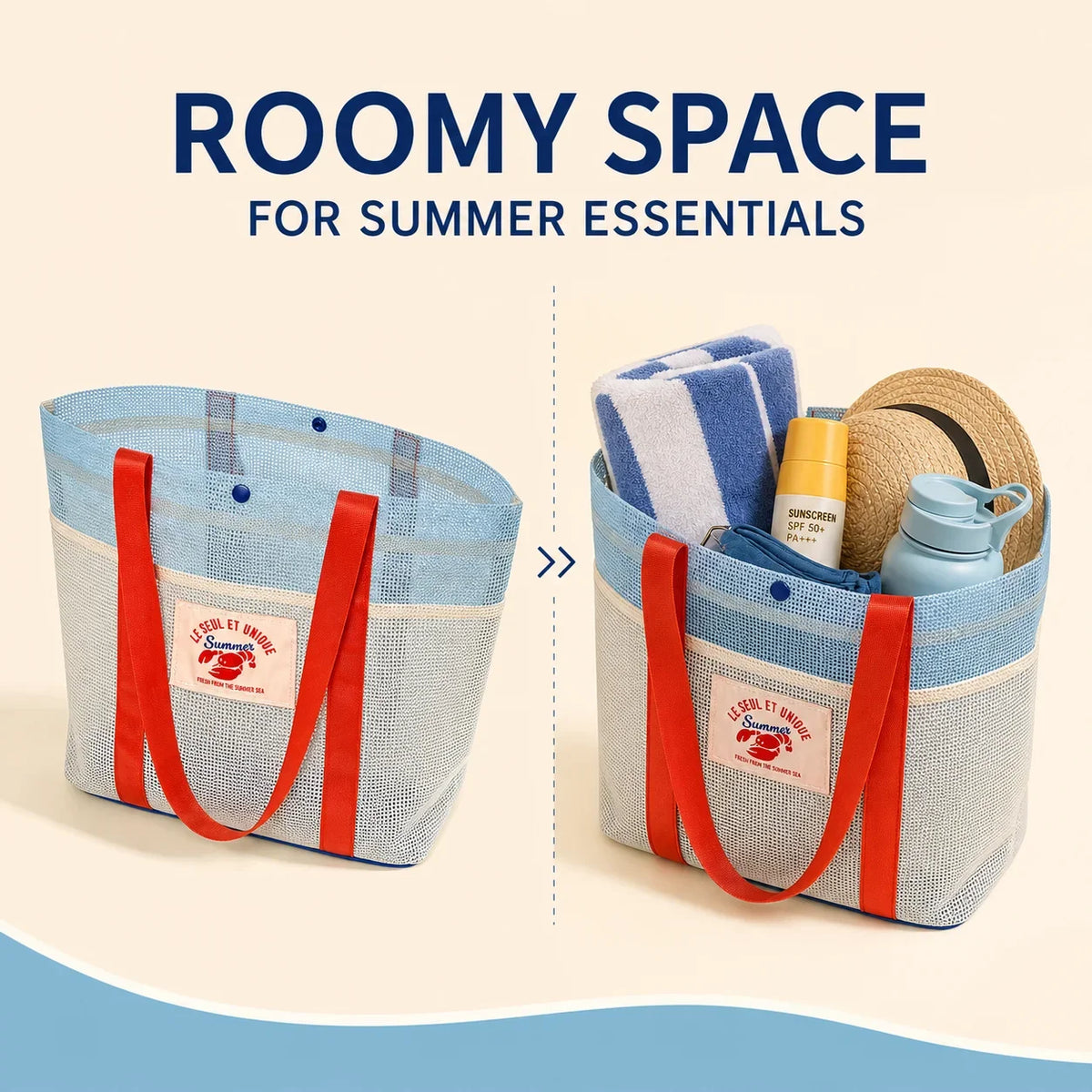 Mesh Travel Tote Bag, Lightweight Quick-Dry Beach and Pool Carryall, Open-Top Summer Casual Bag in Blue and White - product view 5