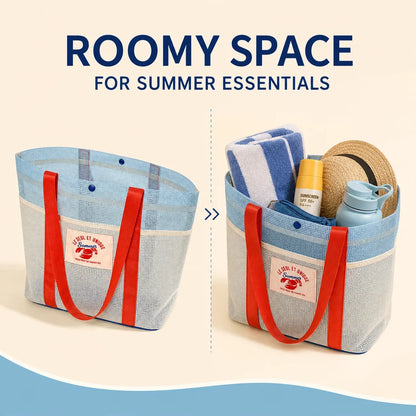 Mesh Travel Tote Bag, Lightweight Quick-Dry Beach and Pool Carryall, Open-Top Summer Casual Bag in Blue and White - product view 5