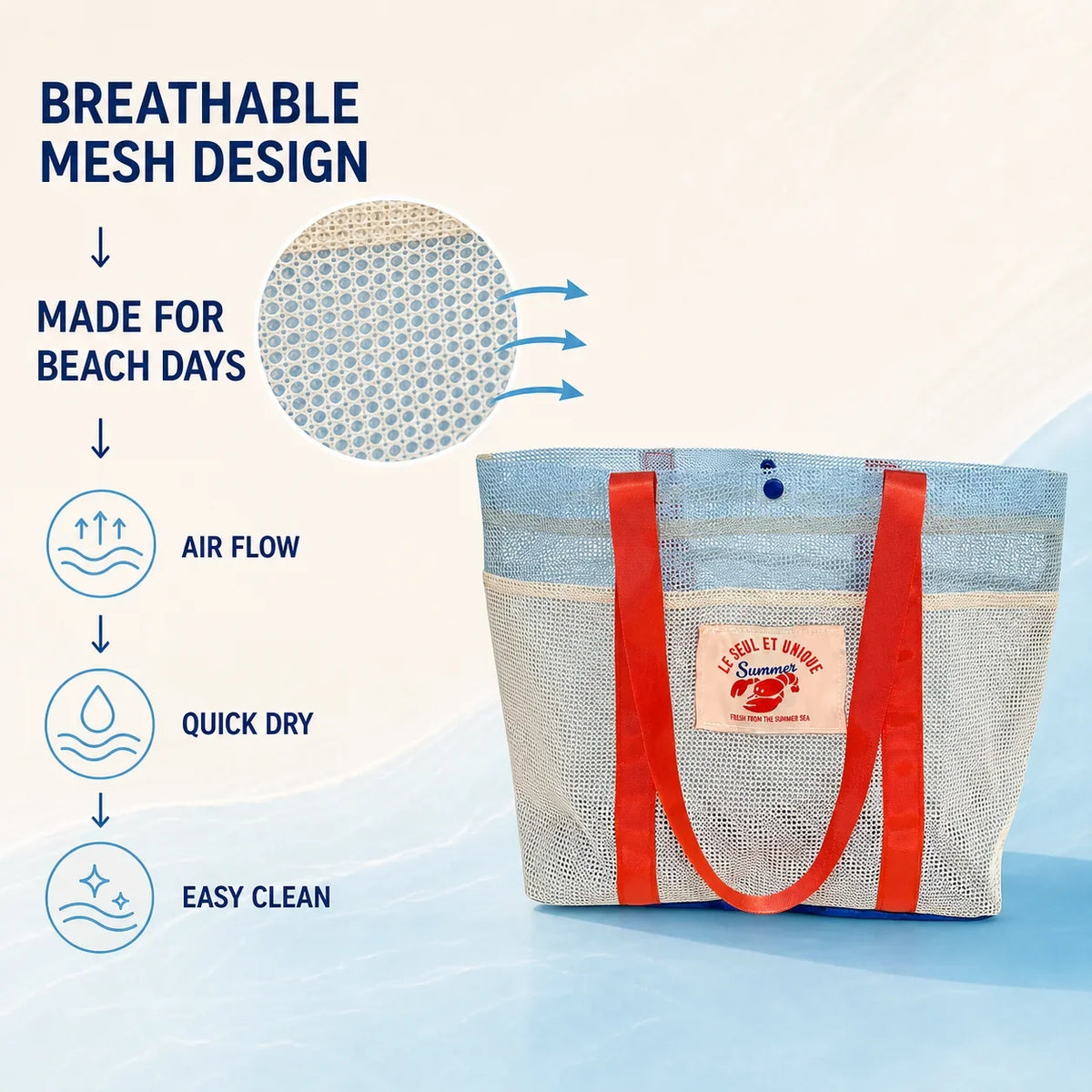 Mesh Travel Tote Bag, Lightweight Quick-Dry Beach and Pool Carryall, Open-Top Summer Casual Bag in Blue and White - product view 6